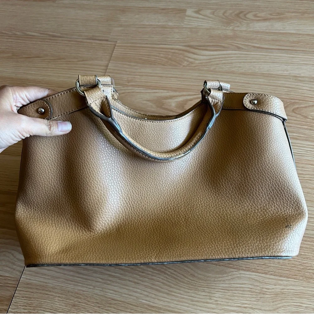 Anne Klein Brown Pebbled Grain Leather Satchel Bag